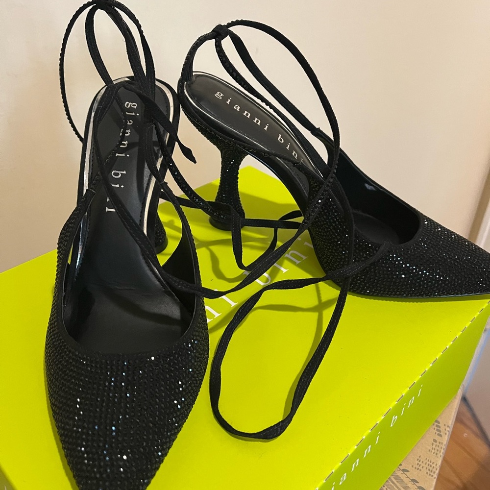 Gianni Bini Alexi Rhinestone Embellished Ankle Wrap Pumps with Free Handbag!